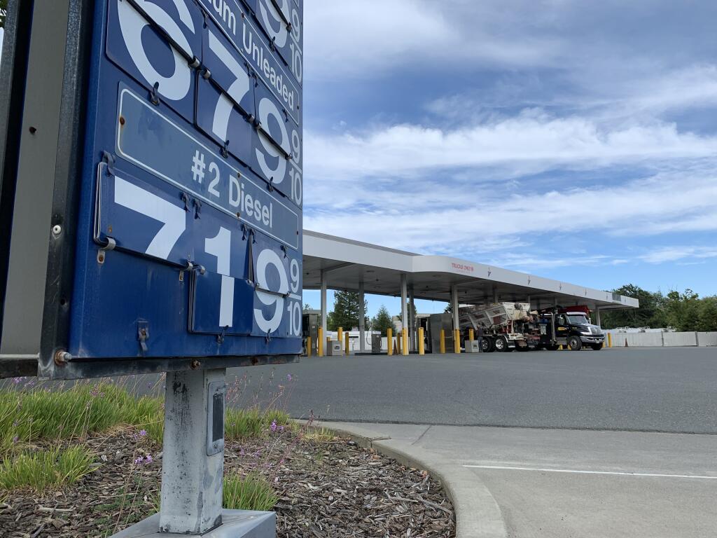 The retail price was $7.17 a gallon as two heavy trucks refuel at North Bay Petroleum's commercial-oriented fueling station on Regional Parkway in the industrial area near Charles M. Schulz-Sonoma County Airport on Thursday evening, June 16, 2022. (Jeff Quackenbush / North Bay Business Journal)