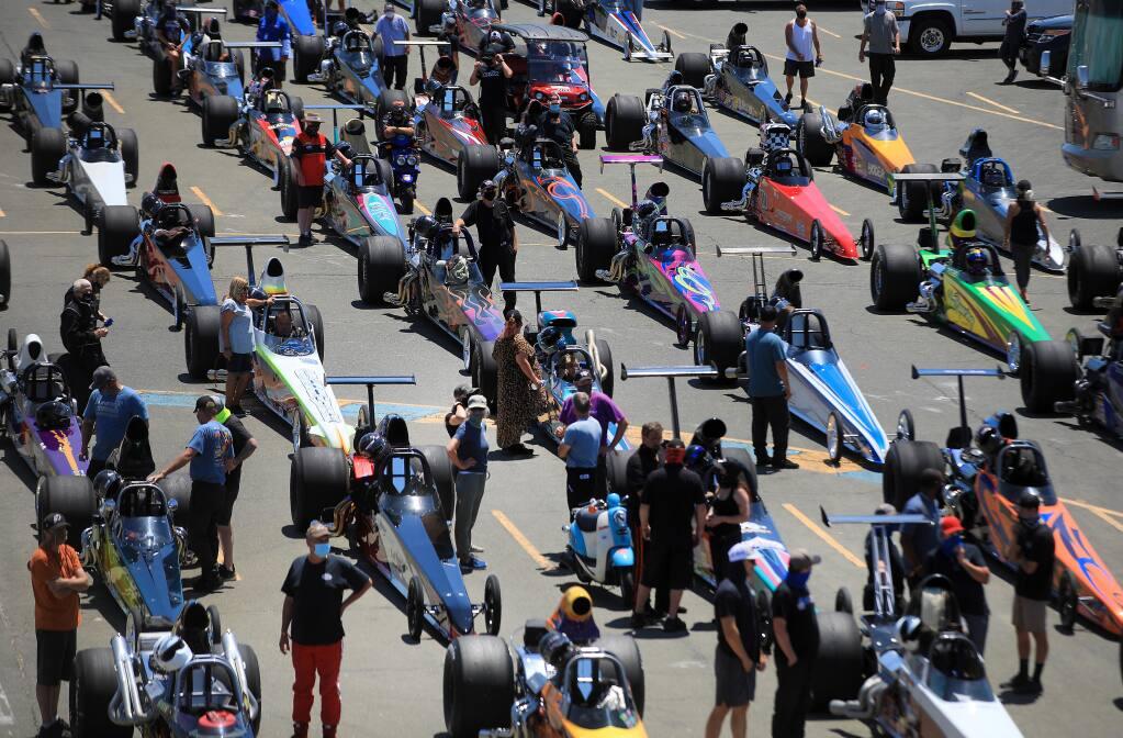 NHRA Division 7 competitors prepare for early round qualifying at Sonoma Raceway, Thursday, July 16, 2020. More than 700 people, sans spectators, were on hand for the racing. (Kent Porter/The Press Democrat)