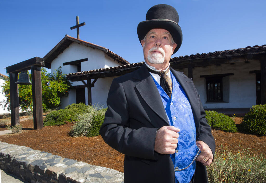 Historian George Webber at the Mission on East Spain Street. After hanging up his top hat as “The Count” at Buena Vista Winery, he’ll soon be giving historic walking tours of the Sonoma Plaza. (Photo by Robbi Pengelly/Index-Tribune)
