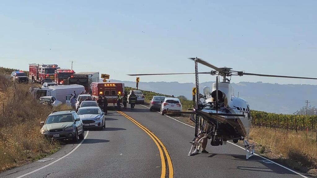 Saturday afternoon scene on Highway 121 near Napa Road, where the driver at fault in a head-on collision sustained major injuries, and was airlfited to Queen of the Valley Hospital in Napa. (CHP Golden Gate Division.)