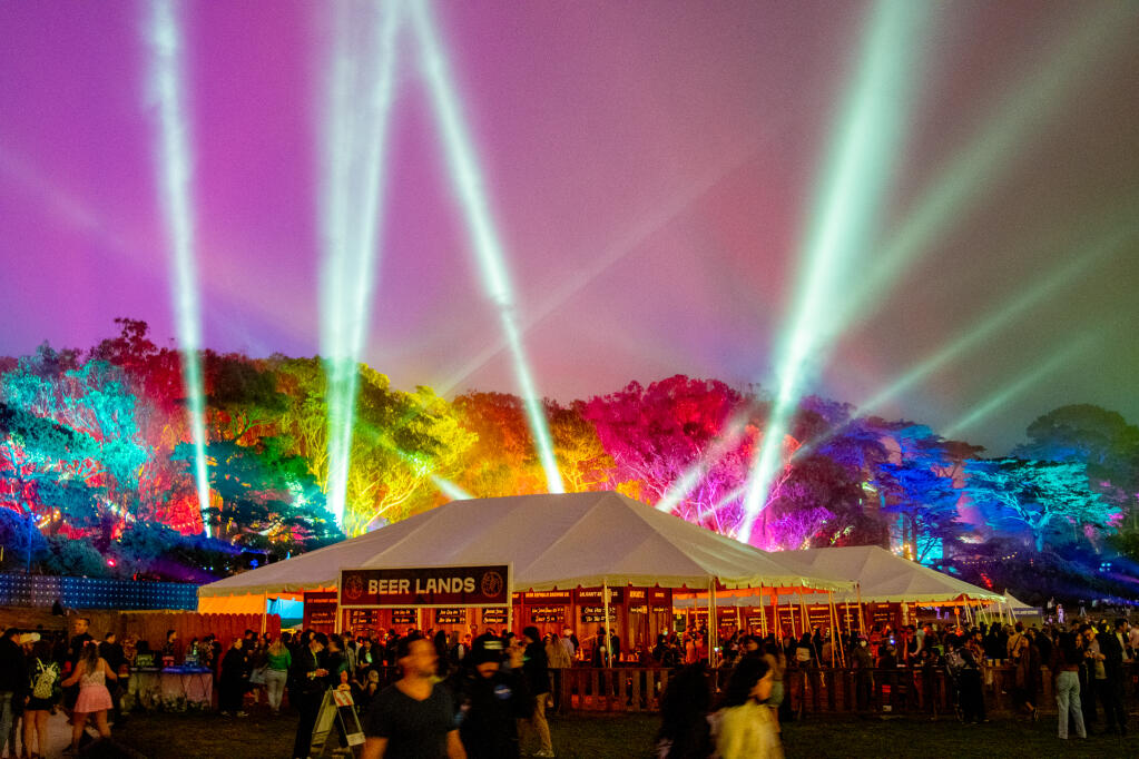 Beer Lands lights up the night at Outside Lands in 2021. Several Sonoma and Napa-based breweries will be on hand when the music and arts festival returns to San Francisco’s Golden Gate Park, Aug. 5-7, 2022. (Outside Lands)