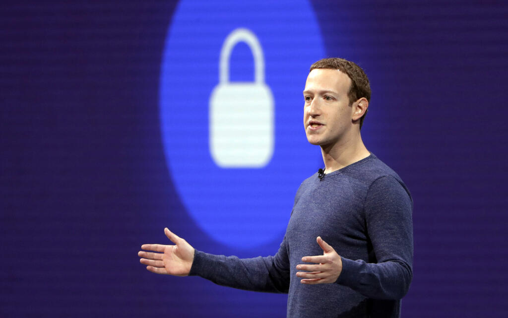 FILE- In this May 1, 2018, file photo, Facebook CEO Mark Zuckerberg delivers the keynote speech at F8, Facebook's developer conference in San Jose, Calif.  (AP Photo/Marcio Jose Sanchez, File)