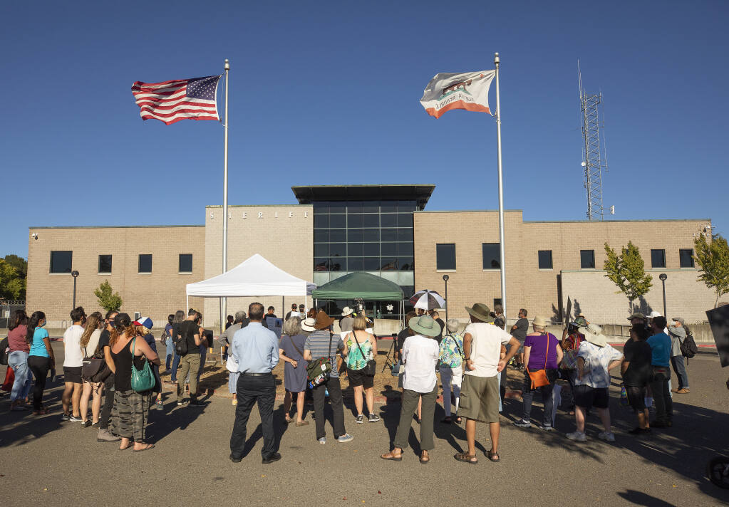 The family of David Pelaez Chavez and a coalition of faith, labor, immigrant rights and police accountability community leaders hold a press conference in front of the Sonoma County Sheriff’s office Monday, Aug. 22, 2022. (John Burgess/The Press Democrat)
