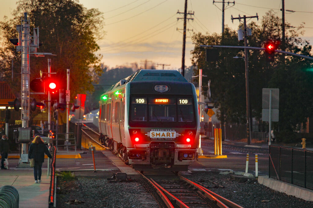 A SMART train departs from the downtown Petaluma station and heads north toward Santa Rosa on Monday, Jan. 24, 2022. A state grant application that could have helped build a second Petaluma SMART station recently fell through, sending agency officials and development partners back to the drawing board. (CRISSY PASCUAL/ARGUS-COURIER STAFF)