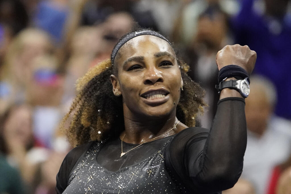 Serena Williams reacts after defeating Anett Kontaveit during the second round of the U.S. Open Wednesday, Aug. 31, 2022, in New York. (John Minchillo / ASSOCIATED PRESS)