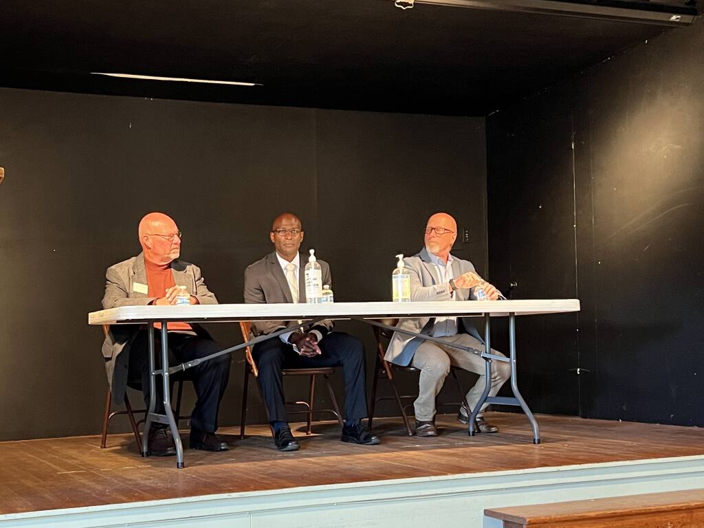 Carl Tennenbaum, Eddie Engram and Dave Edmonds await a question at a candidates’ forum hosted in Bodega Bay in April 2022. The three men are running to replace Sonoma County Sheriff Mark Essick who is set to retire this year. Roger Coryell.