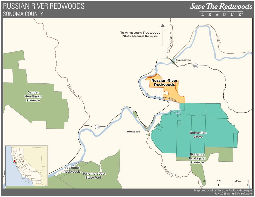 This map shows the location of the 394-acre Russian River Redwoods slated for protection by The Save The Redwoods League, for later transfer to the Sonoma County Agricultural Preservation and Open Space District. Save the Redwoods League must raise $6.5 million for its purchase by Sept. 30, 2023. (Save The Redwoods League)