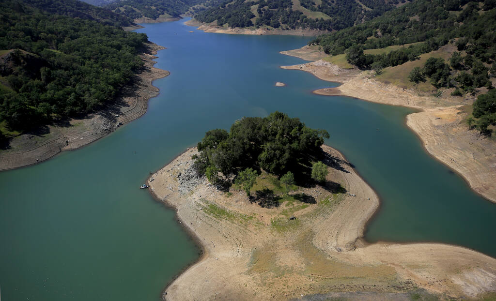 No longer an Island on the Skaggs Springs section of Lake Sonoma, drought has exposed the shoreline, Thursday, April 22, 2021.  (Kent Porter / The Press Democrat) 2021