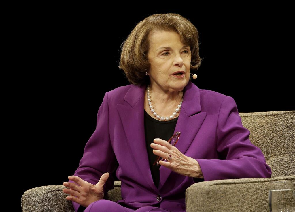 United States Sen. Dianne Feinstein, D-Calif., speaks at the Commonwealth Club in San Francisco, Tuesday, Aug. 29, 2017. (AP Photo/Jeff Chiu)