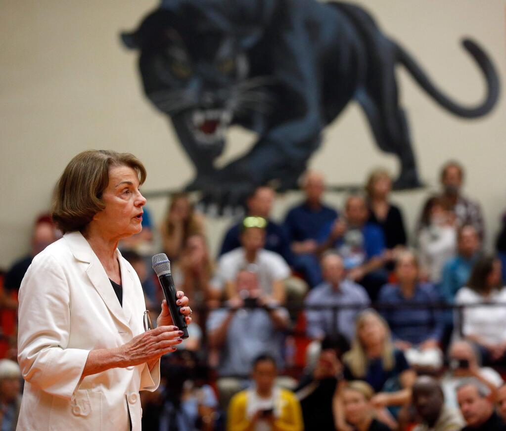 Sen. Dianne Feinstein speaks during a town hall meeting in the aftermath of the Sonoma County wildfires, at Santa Rosa High School in Santa Rosa, California, on Saturday, Oct. 14, 2017. (Alvin Jornada / The Press Democrat)