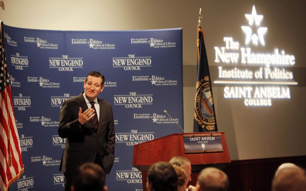 FILE - In this Monday, March 16, 2015, file photo, Sen. Ted Cruz, R-Texas speaks with area business leaders during a Politics and Eggs breakfast, in Manchester, N.H. Cruz became the first high-profile Republican to enter the 2016 race for president on Monday, March 23, 2015. Here's a quick snapshot with a few key things to know about Cruz. (AP Photo/Jim Cole, File)