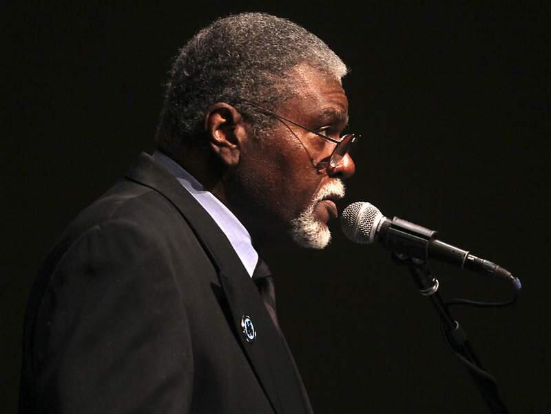Elbert 'Big Man' Howard, one fo the founding 6 members of the Black Panther party, speaks at the Martin Luther King Jr. annual birthday celebration at Santa Rosa high school on Sunday.
