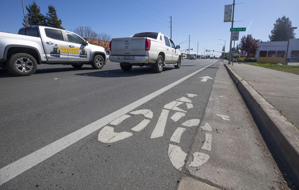 Sales tax dollars were spent by the Sonoma County Transportation Authority to add bicycle lanes on Santa Rosa Avenue from Baker Street to Yolanda Avenue. (Photo by John Burgess/The Press Democrat)