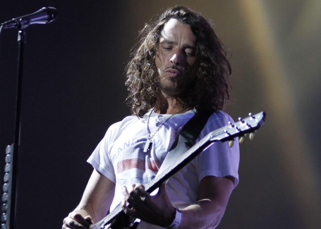 FILE - In this Sunday, Aug. 8, 2010, file photo, musician Chris Cornell of Soundgarden performs during the Lollapalooza music festival in Grant Park in Chicago. (AP Photo/Nam Y. Huh, File)