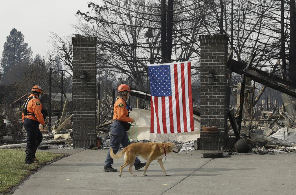 Capt. Fran Roelfsema, of the Alameda County Sheriff's Office Search and Rescue team and her search dog, Tioga, inspect a burned out home with team member Leah Waarvik, left, while searching the Coffey Park area, Tuesday, Oct. 17, 2017, in Santa Rosa, Calif. A massive wildfire swept through the area last week destroying thousands of housing and business and taking the lives of more than two dozen people. (AP Photo/Rich Pedroncelli)