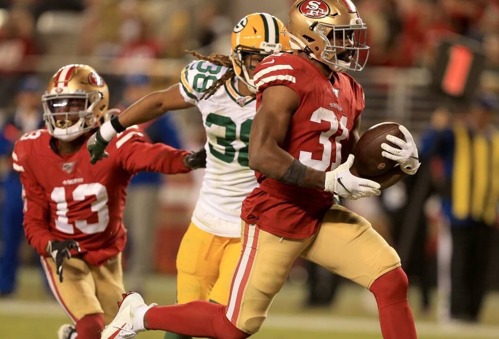 Raheem Mostert rumbles in to the end zone for a touch down during San Francisco's 37-8 win over Green Bay, Sunday, Nov. 24, 2019 in Santa Clara. (Kent Porter / The Press Democrat) 2019