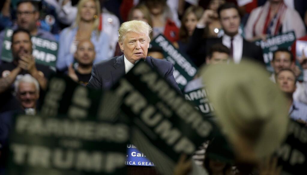 Donald Trump specks during a rally in Fresno. (CHRIS CARLSON / Associated Press)