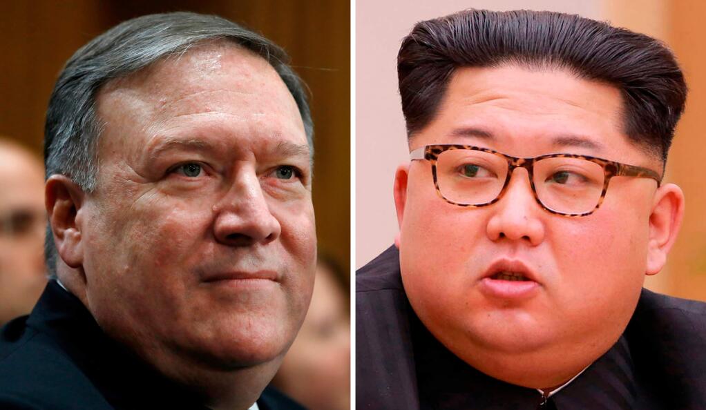 FILE - This combination of two file photos shows CIA Director Mike Pompeo, left, listens during his introductions before the Senate Foreign Relations Committee during a confirmation hearing on his nomination to be Secretary of State on Capitol Hill in Washington on April 12, 2018, and North Korean leader Kim Jong Un attends a meeting of the Political Bureau of the Central Committee of the Workers' Party of Korea, in Pyongyang, North Korea on April 9, 2018. CIA Director Mike Pompeo recently traveled to North Korea to meet with leader Kim Jong Un, two U.S. officials said Tuesday, April 17, 2018. (AP Photo/Jacquelyn Martin)
