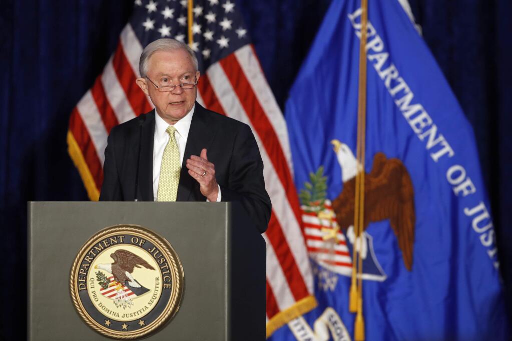 Attorney General Jeff Sessions speaks during the National Summit on Crime Reduction and Public Safety on Tuesday in Bethesda, Maryland. (JACQUELYN MARTIN / Associated Press)