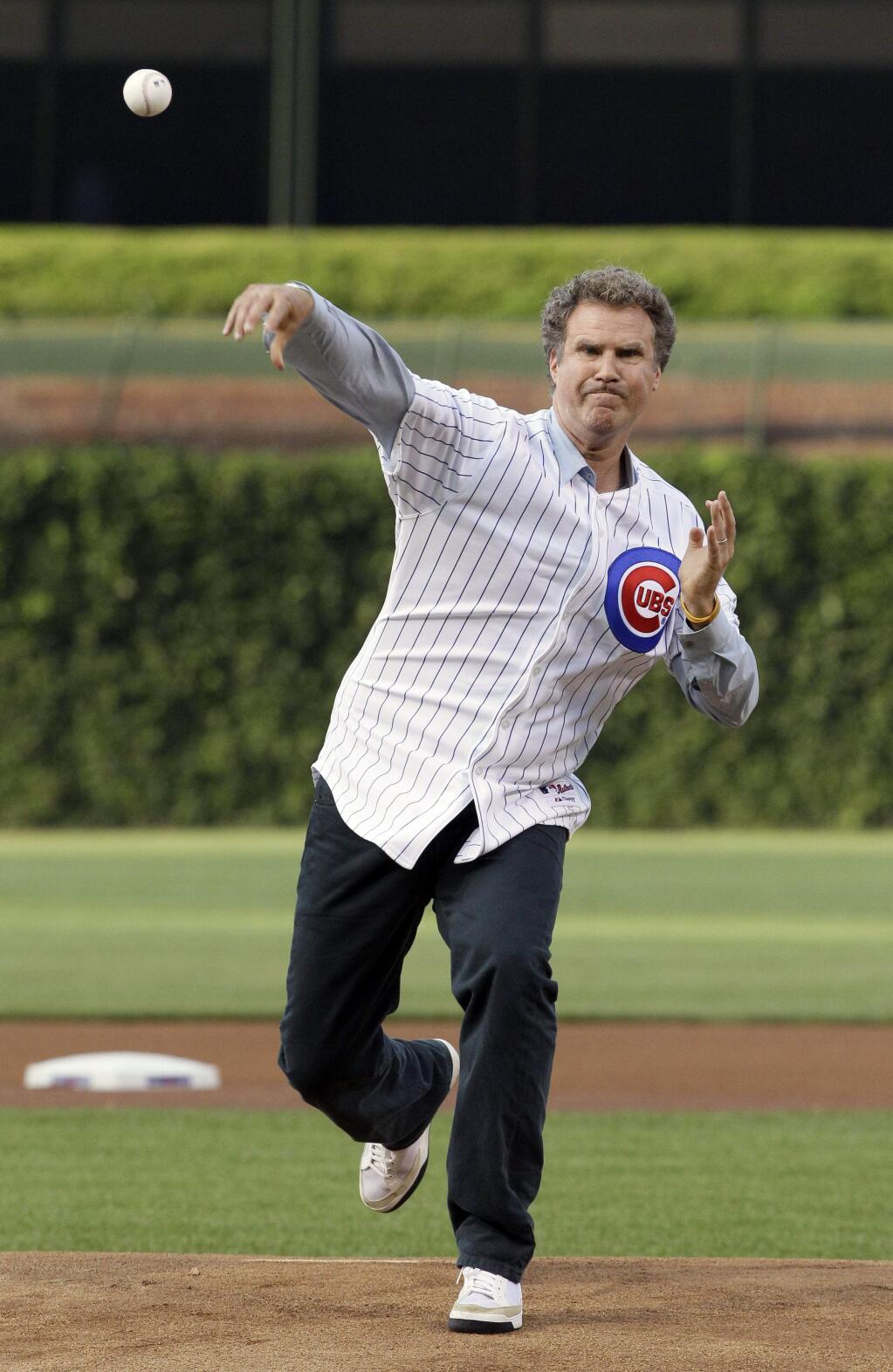 FILE - In this July 18, 2012, file photo, comedian Will Ferrell throws out the ceremonial first pitch before a baseball game between the Miami Marlins and the Chicago Cubs in Chicago. Ferrell will appear in at least two Arizona spring training games on Thursday, March 12, 2015. The Chicago White Sox confirmed the star of 'Anchorman' and many other movies will appear in their game against the San Francisco Giants in Glendale and the San Diego Padres say he will play in their game against the Los Angeles Dodgers in Peoria. (AP Photo/Nam Y. Huh, File)