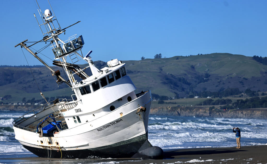 The Aleutian Storm lies stranded on south Salmon Creek Beach, Saturday, Feb. 10, 2024, just north of Bodega Bay after running aground late Friday night. (Kent Porter / The Press Democrat)