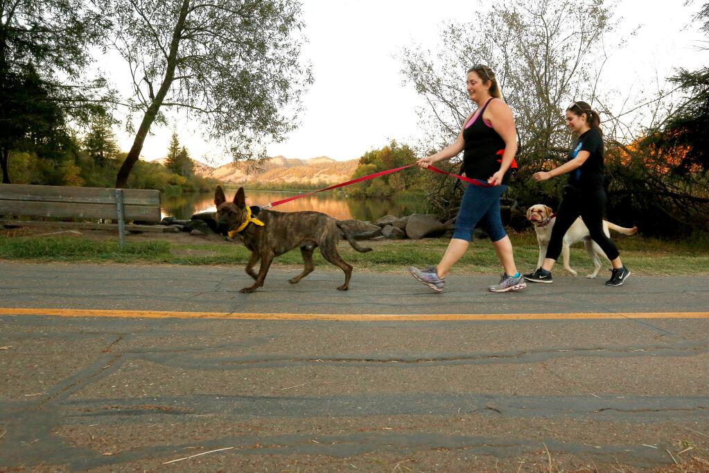 Katie Koop, left, and Natalie Bair walk their dogs Simcoe and Barley along the Spring Creek Trail, which is cracked in areas, around Spring Lake on the election day in Santa Rosa, California, on Tuesday, November 6, 2018. Sonoma County regional parks would receive additional funding for park maintenance and conservation efforts via a one-eighth cent sales tax, if Measure M is approved by voters. (Alvin Jornada / The Press Democrat)