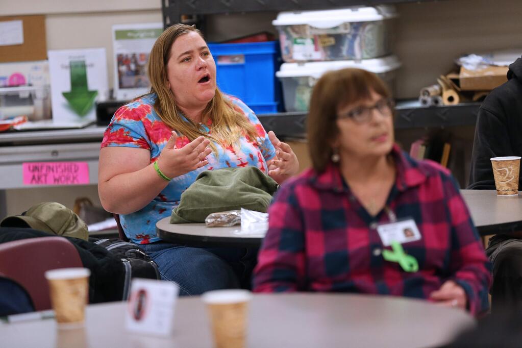 Alexis Wilson shares her experiences during the 'Tools 4 Recovery' group meeting at the Wellness and Advocacy Center, a program of Goodwill-Redwood Empire, in Santa Rosa on Wednesday, May 15, 2019. (Christopher Chung/ The Press Democrat)