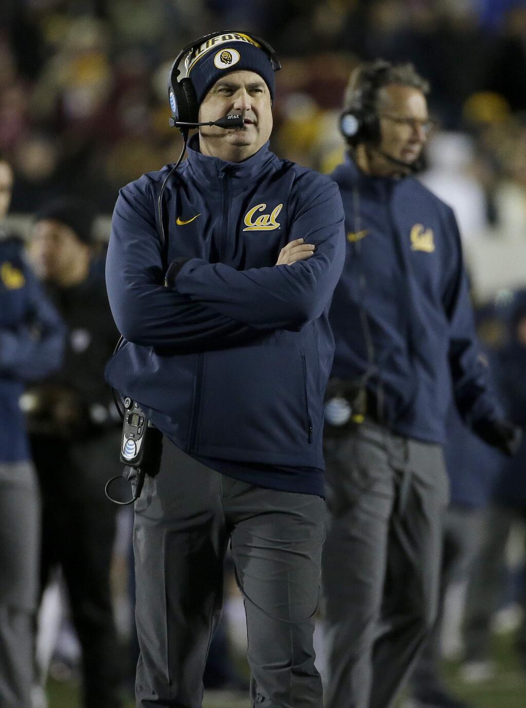 California head coach Sonny Dykes watches during the second half of an NCAA college football game against Arizona State in Berkeley, Calif., Saturday, Nov. 28, 2015. California won 48-46. (AP Photo/Jeff Chiu)