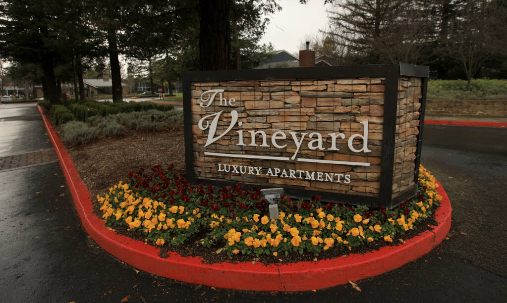 The entrance to the Vineyard Luxury Apartments in Petaluma, Friday, Dec. 25, 2020. (Kent Porter / The Press Democrat) 2020
