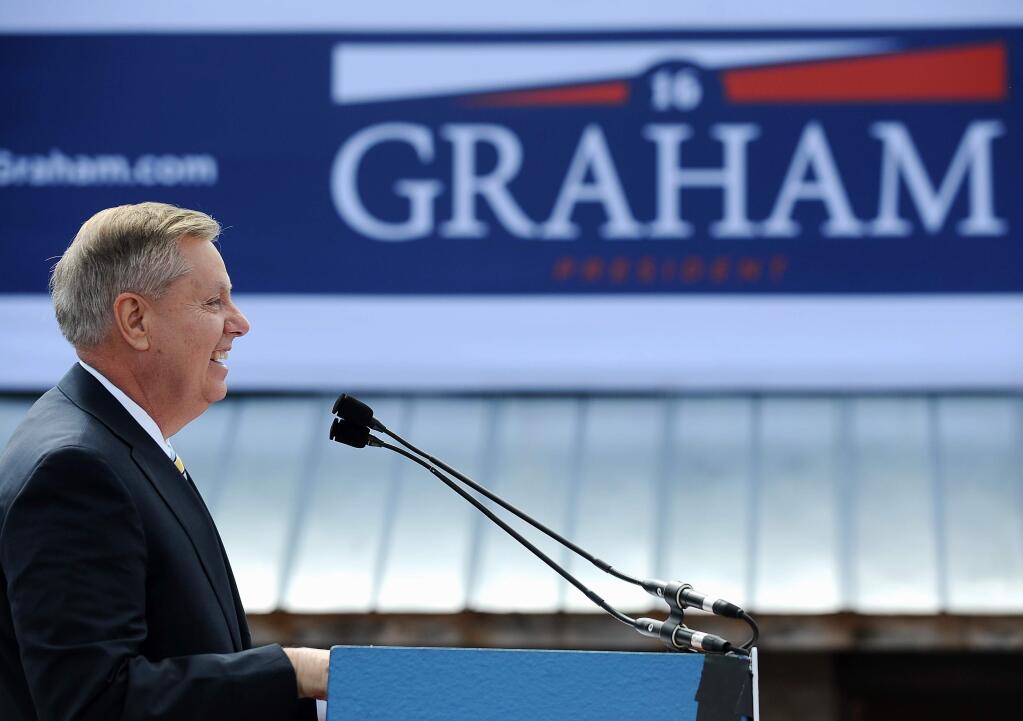 Sen. Lindsey Graham, R-S.C. speaks to supporters after announcing his bid for presidential election, Monday, June 1, 2015, in Central, S.C. (AP Photo/Rainier Ehrhardt)