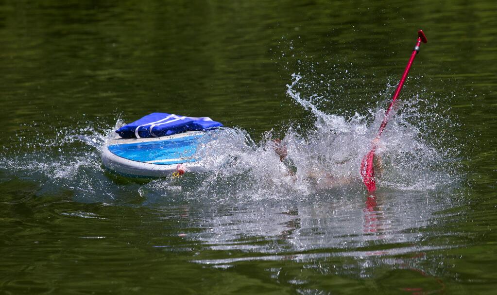 A paddleboarder takes a tumble while attempting 'tree pose' at the end of a stand-up paddleboard yoga class offered by Rubicon Adventures on the Russian River on Monday. (photo by John Burgess/The Press Democrat)