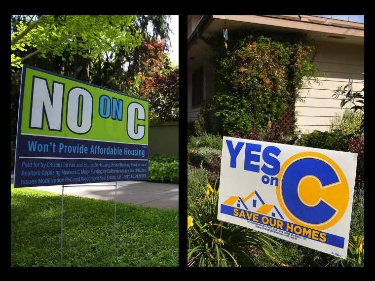 Measure C signs on rent control in Santa Rosa. (Christopher Chung / Press Democrat)
