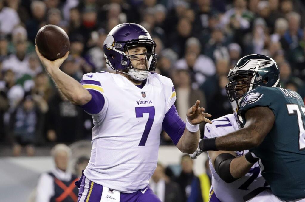 In this Sunday, Jan. 21, 2018, file photo, Minnesota Vikings quarterback Case Keenum throws during the first half of the NFC championship game against the Philadelphia Eagles in Philadelphia. Keenum plans to sign with Denver when free agency opens Wednesday, March 14, ESPN reported early Tuesday. (AP Photo/Matt Slocum, File)