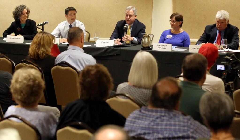 Petaluma City Council candidates from left to right, Teresa Barrett, Ken Quinto, Dave King, Janice Cader-Thompson and Chris Albertson participate in a forum for council and mayoral candidates held at the Petaluma Sheraton on Wednesday, Oct. 8, 2014. (CRISTA JEREMIASON/ PD)
