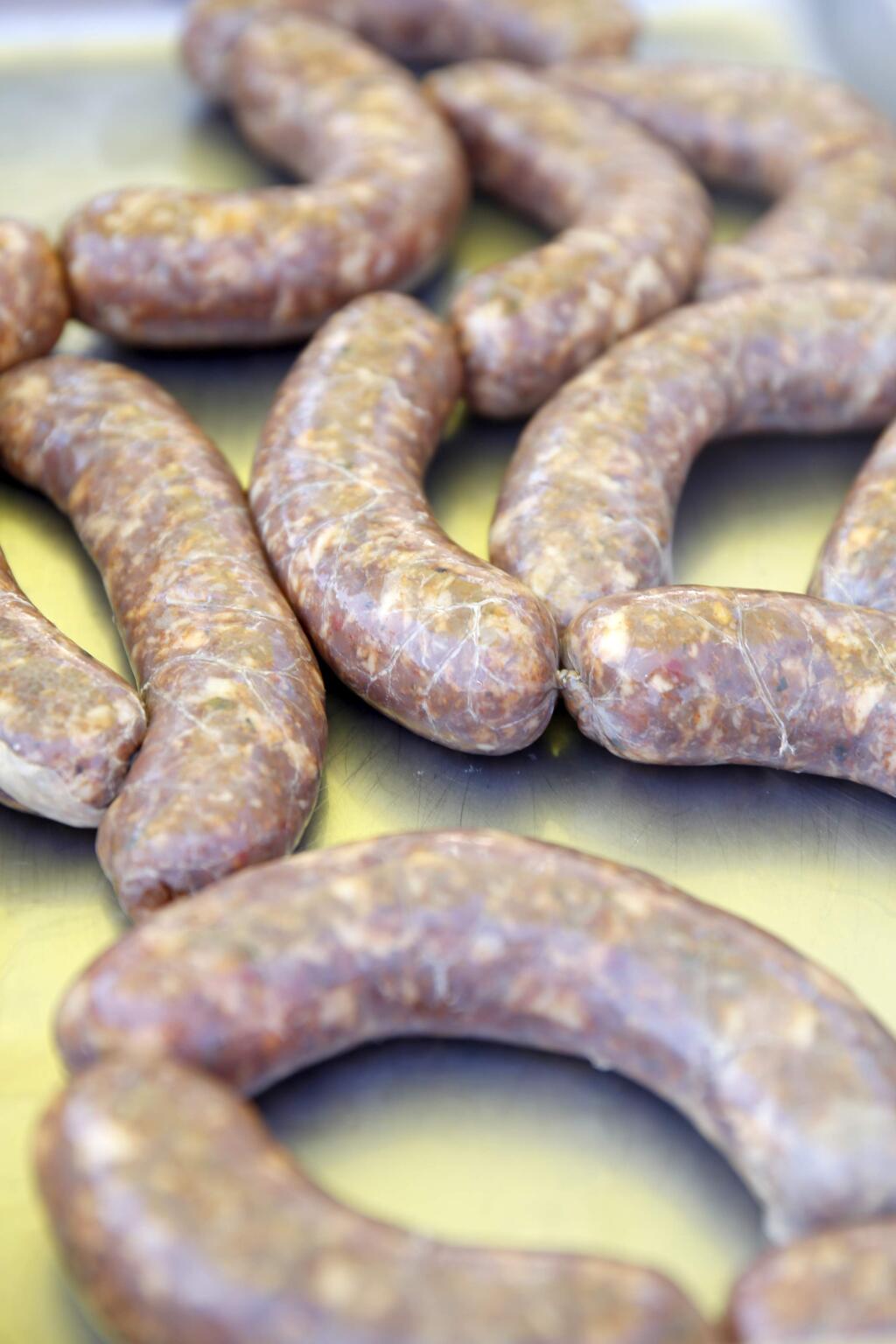 Sausages made during an artisan sausage making workshop taught by SRJC Culinary instructor Paul Kaldunski. Photo taken at his home in Sebastopol, on Tuesday, July 14, 2015. (BETH SCHLANKER/ The Press Democrat)