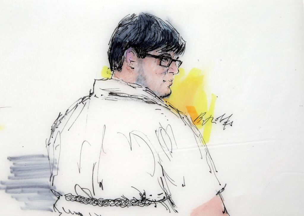 FILE - This Dec. 21, 2015 courtroom file sketch shows Enrique Marquez Jr. in federal court in Riverside, Calif. Marquez, a longtime friend of Syed Rizwan Farook, the male shooter in the San Bernardino terrorist attack, has agreed to plead guilty to conspiring with Farook in 2011 and 2012 to provide material support to terrorists. Marquez, 25, of Riverside, Calif., entered into a plea agreement that was filed Tuesday, Feb. 14, 2017, in U.S. District Court, and is scheduled to formally plead Thursday, Feb. 16. (Bill Robles via AP, File)