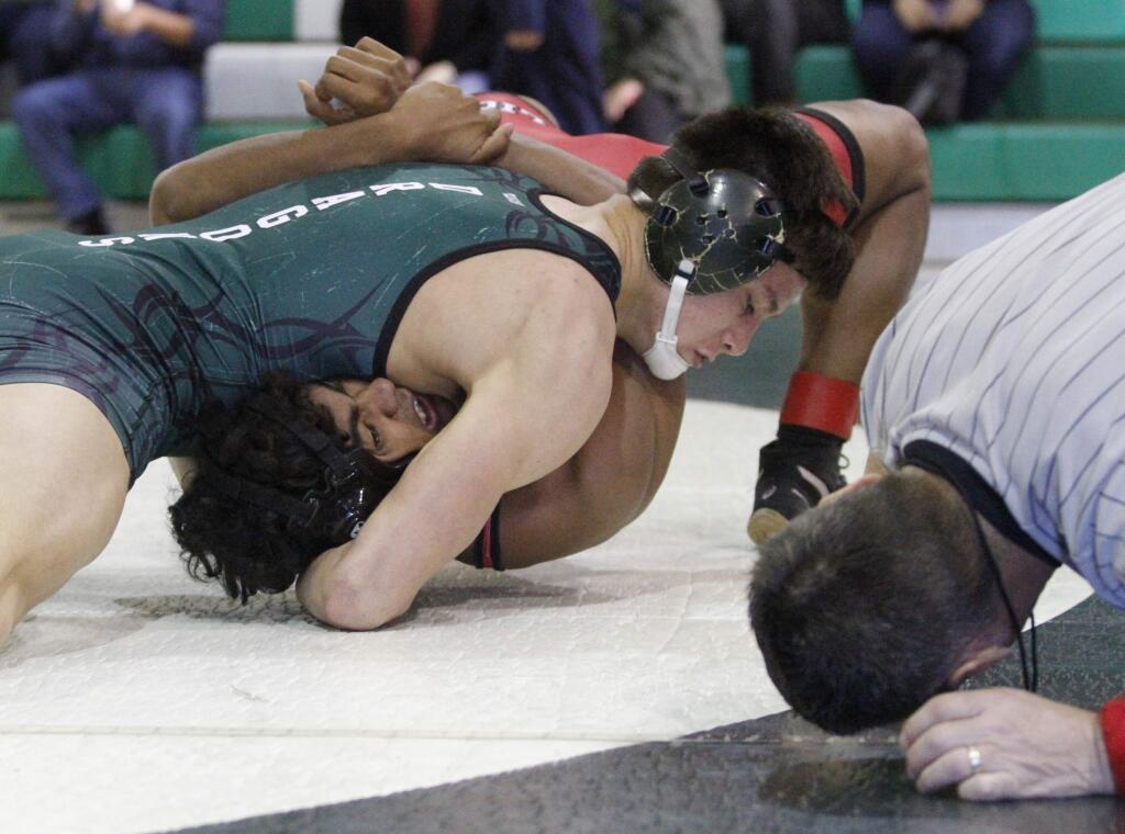 Noah Bartolome make a pin in wrestling action at last year's Deets Winslow Memorial Tournament, held at Pfeiffer Gym. Bartolome returns this year to the Jan. 13 tourney, but the ranks of the SVHS squad is younger, and thinner. (Bill Hoban/Index-Tribune)