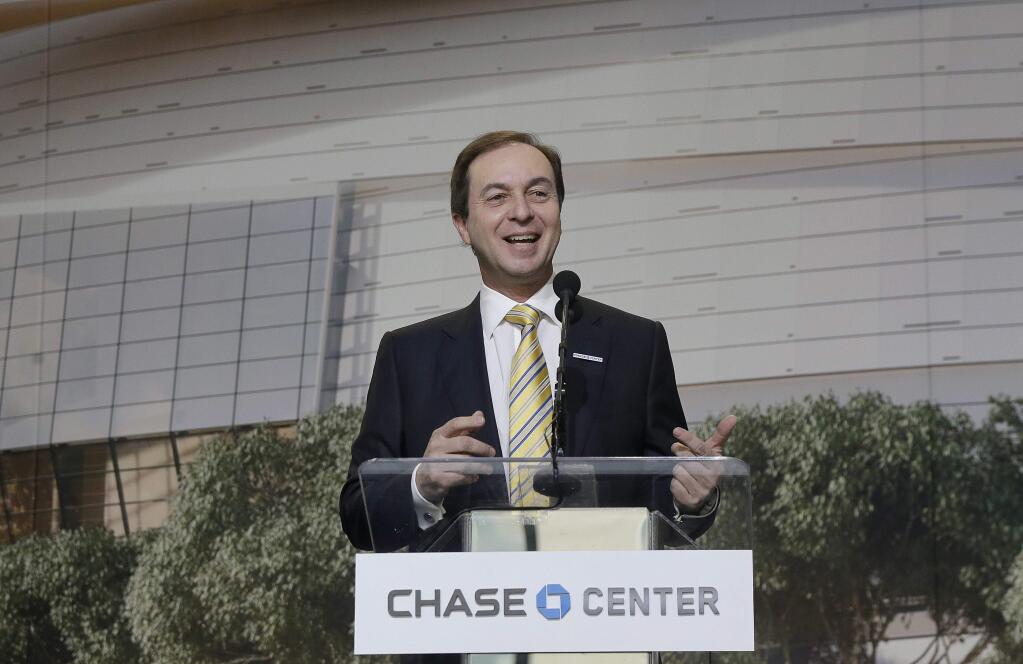 Golden State Warriors owner and CEO Joe Lacob speaks during a groundbreaking ceremony for the Chase Center in San Francisco, Tuesday, Jan. 17, 2017. (AP Photo/Jeff Chiu)