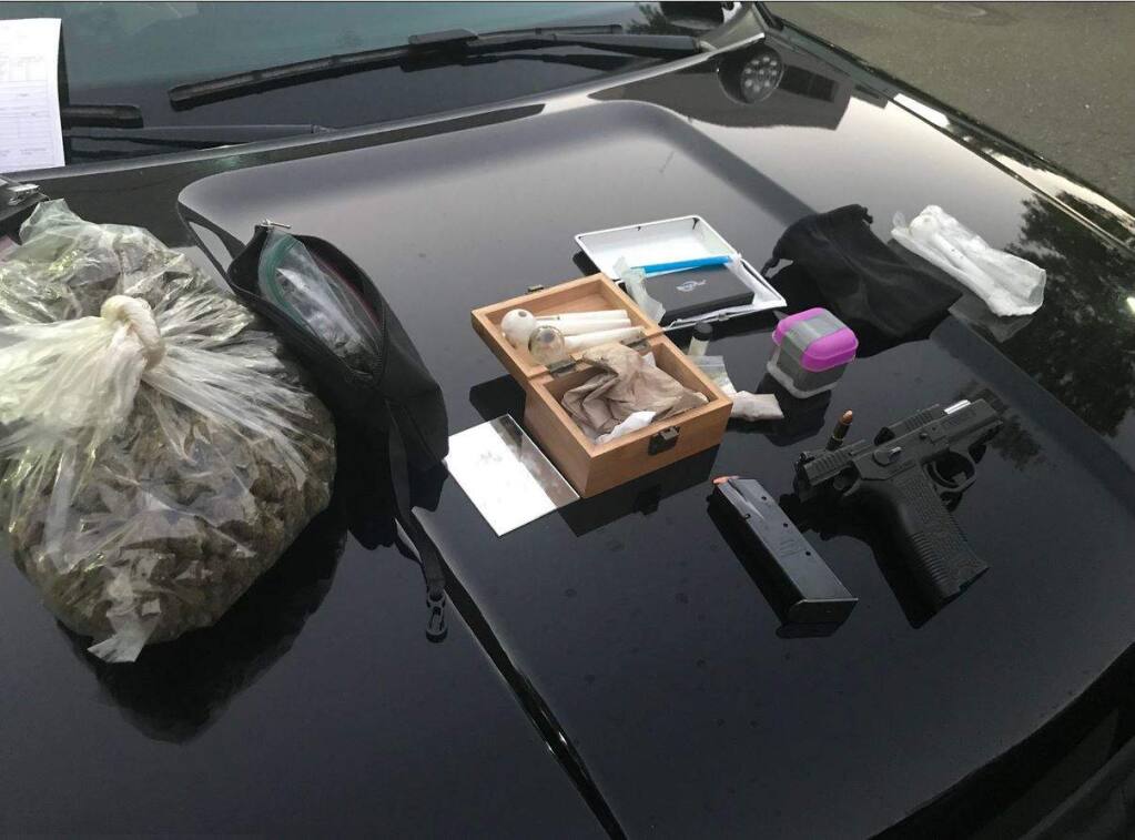 Rohnert Park police arrested two Sacramento residents on Thursday, Sept. 20, 2018, after officers said they found a large amount of marijuana, methamphetamine, heroin and drug paraphernalia. One of the suspects, who was on probation for a previous vehicle theft, also had a loaded pistol, police said. (ROHNERT PARK POLICE)