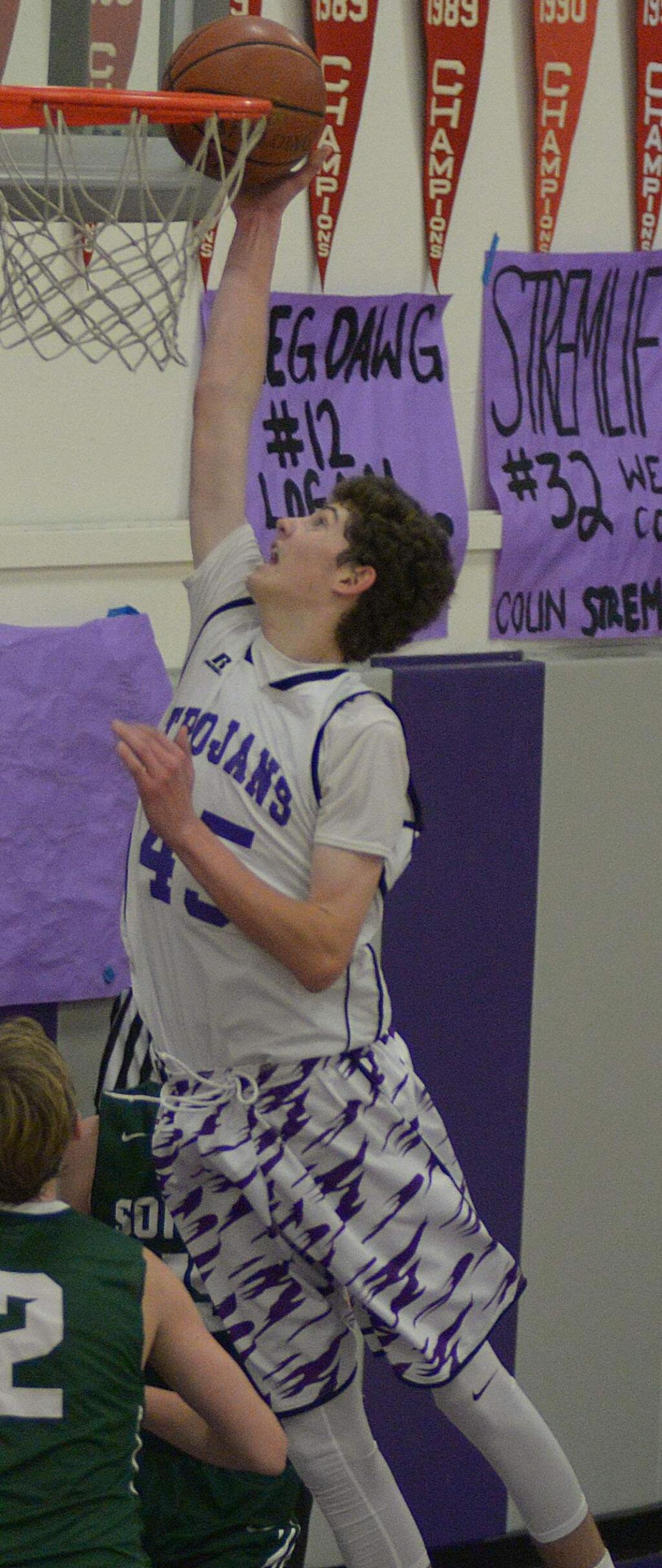 SUMNER FOWLER/FOR THE ARGUS-COURIERJoey Potts, shown in Petaluma's first meeting with Sonoma Valley, sank two free throws with 1.6 seconds left to beat the Dragons, 49-47, in a game played Monday in Sonoma.