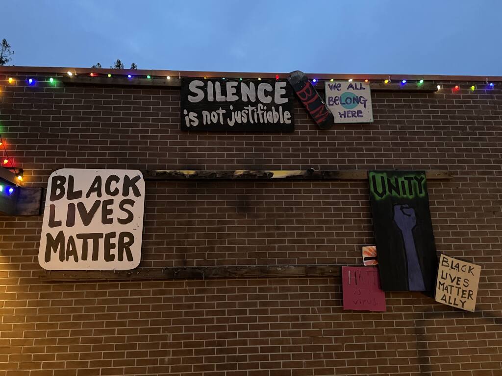 A Black Lives Matter banner outside the Sebastopol Regional Library in February 2021 was found burned on Monday, Jan. 3, 2022. (Rachel Ambrose)