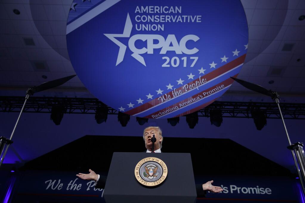 President Donald Trump speaks at the Conservative Political Action Conference (CPAC), Friday, Feb. 24, 2017, in Oxon Hill, Md. (AP Photo/Evan Vucci)