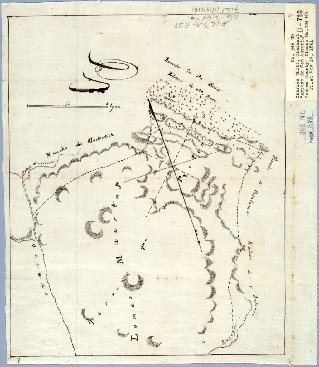 Lomas Muertas appears on a map of Mexican Rancho Arroyo San Antonio from 1861. (U.S. Land Court, Northern District)