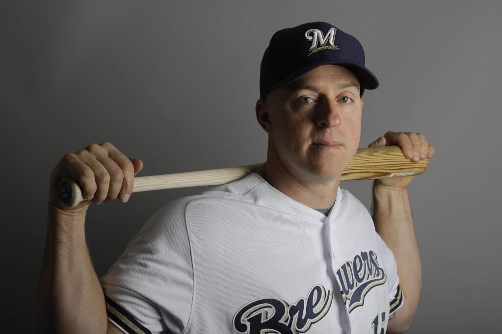 This is a 2019 photo of Erik Kratz of the Milwaukee Brewers baseball team. This image reflects the 2019 active roster as of Friday, Feb. 22, 2019, when this image was taken. (AP Photo/Darron Cummings)