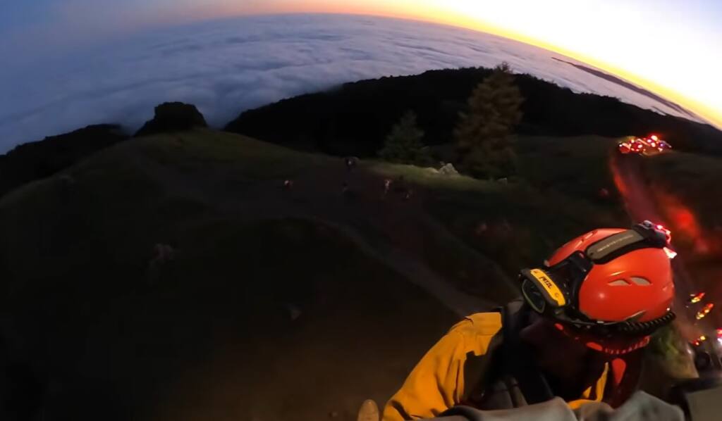 The Sonoma County Sheriff’s Office helicopter Henry-One assisted Friday night, April 28, 2023,  in the rescue of a person from a vehicle which had fallen about 530 feet into a ravine on Mount Tamalpais.  (Sonoma County Sheriff’s Office / Facebook)