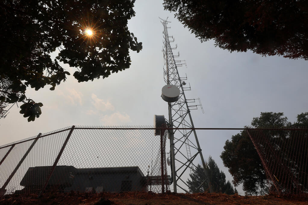 Communications towers high on Mount Jackson Resort Road, near Guerneville, were successfully defended by firefighting personnel.(Christopher Chung/ The Press Democrat)