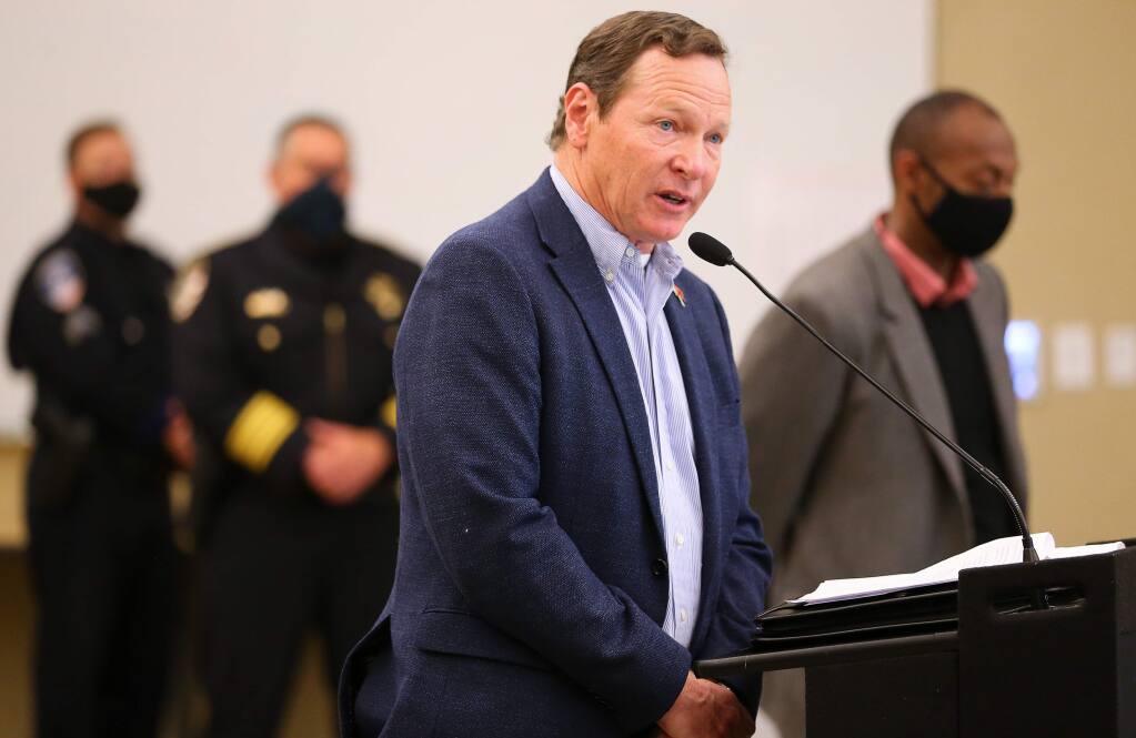 Santa Rosa Mayor Tom Schwedhelm speaks during a press conference about local police reform, in Santa Rosa on Wednesday, June 10, 2020. (Christopher Chung/ The Press Democrat)
