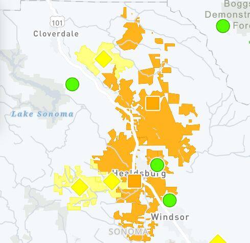 A screenshot of a PG&E map showing areas impacted by a power outage, Wednesday, Aug. 31, 2022. (PG&E)