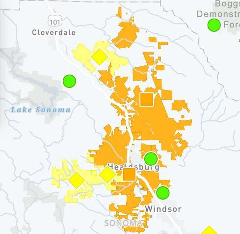 A screenshot of a PG&E map showing areas impacted by a power outage, Wednesday, Aug. 31, 2022. (PG&E)