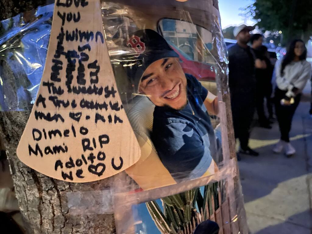 Friends of Adolfo Martinez Pena set up a memorial honoring the 23-year-old Novato resident Sunday, July 10, 2022, on Keller Street in Petaluma. Pena was pronounced dead early Sunday after he was found lying in the road on Keller. (Mya Constantino / The Press Democrat)